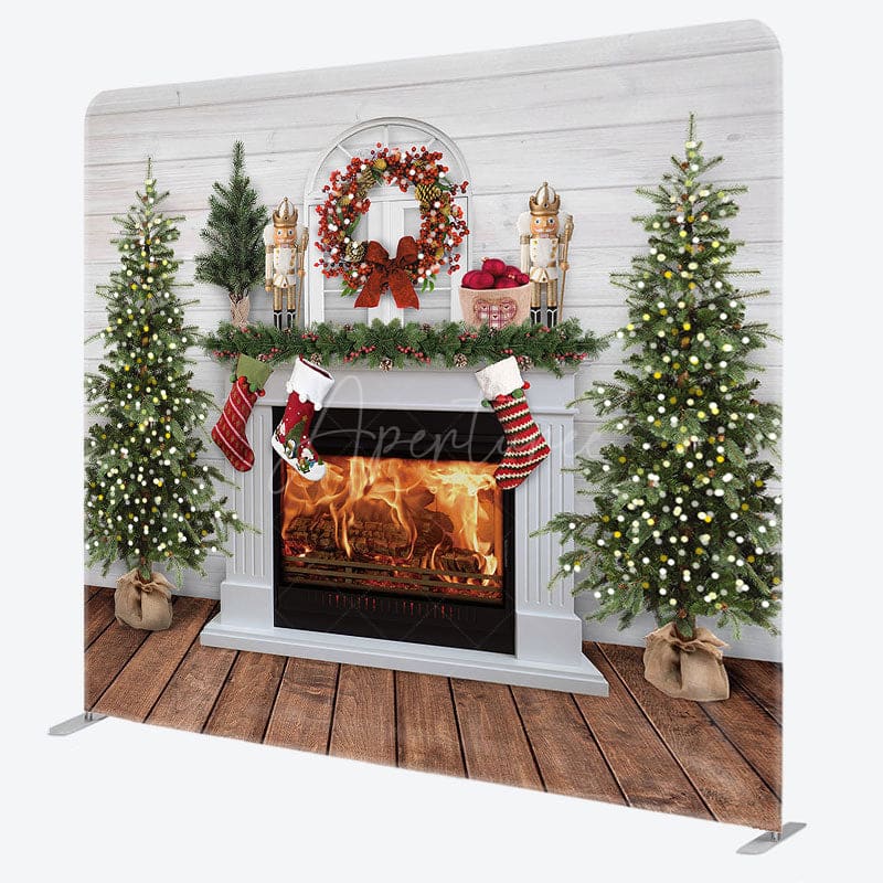Aperturee - Aperturee Bricks Fireplace Christmas Tension Fabric Backdrop
