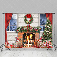 Aperturee - Aperturee Bricks Fireplace Window Curtain Christmas Backdrop