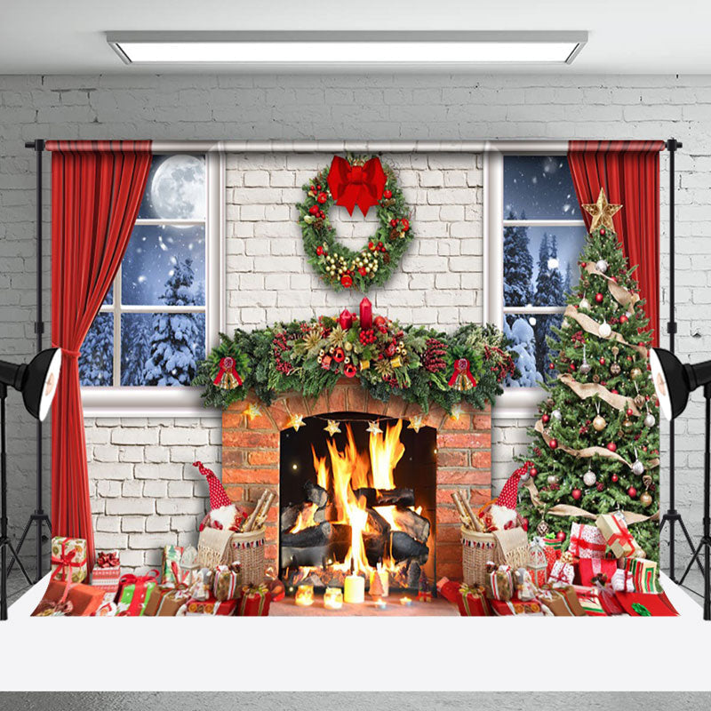 Aperturee - Aperturee Bricks Fireplace Window Curtain Christmas Backdrop