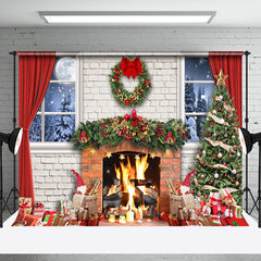 Aperturee - Aperturee Bricks Fireplace Window Curtain Christmas Backdrop