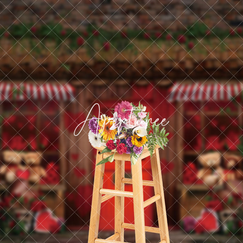 Aperturee - Aperturee Bricks Red Rose Store Bear Valentines Day Backdrop