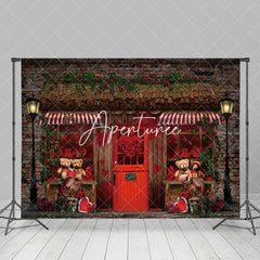 Aperturee - Aperturee Bricks Red Rose Store Bear Valentines Day Backdrop