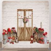 Aperturee - Aperturee Bricks Wall Bear Strawberry Rose Pillow Case Backdrop