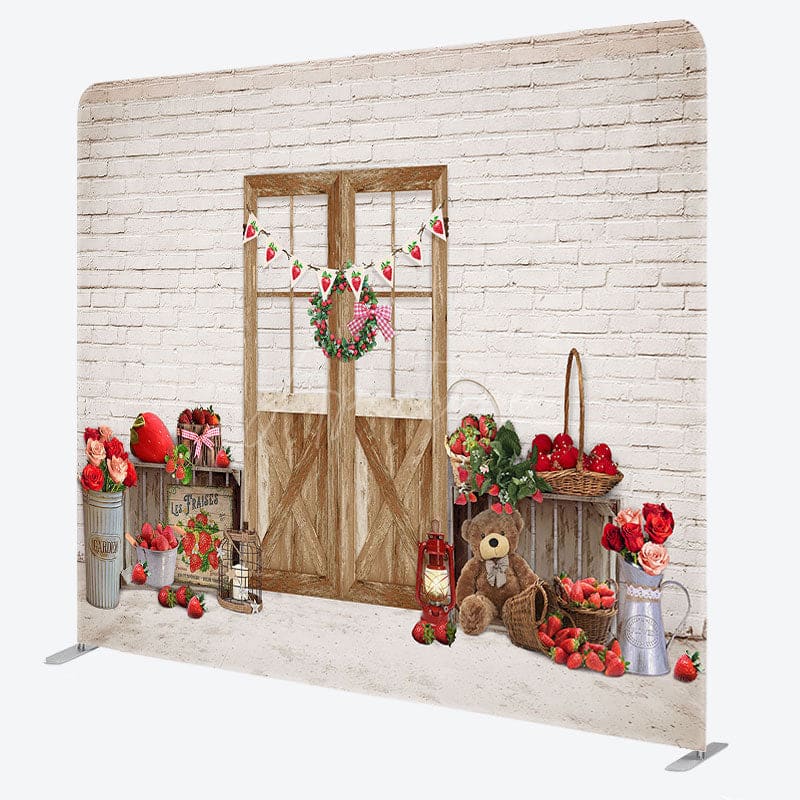 Aperturee - Aperturee Bricks Wall Bear Strawberry Rose Pillow Case Backdrop