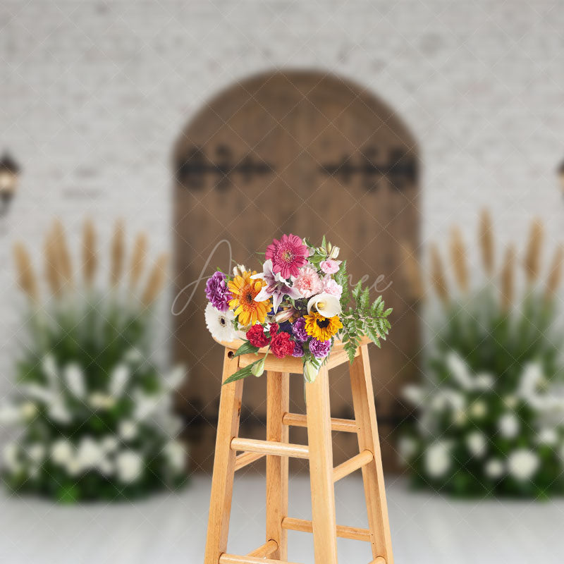 Aperturee - Aperturee Bricks Wall Floral Plant Wooden Door Photo Backdrop