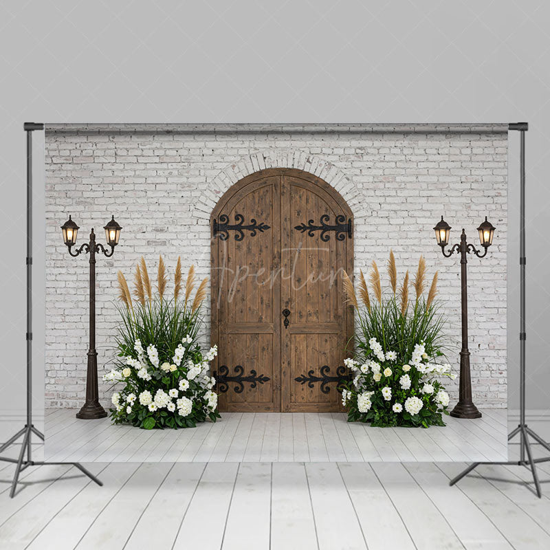 Aperturee - Aperturee Bricks Wall Floral Plant Wooden Door Photo Backdrop