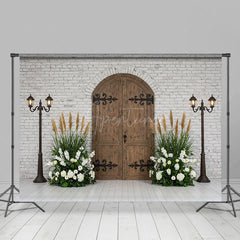 Aperturee - Aperturee Bricks Wall Floral Plant Wooden Door Photo Backdrop