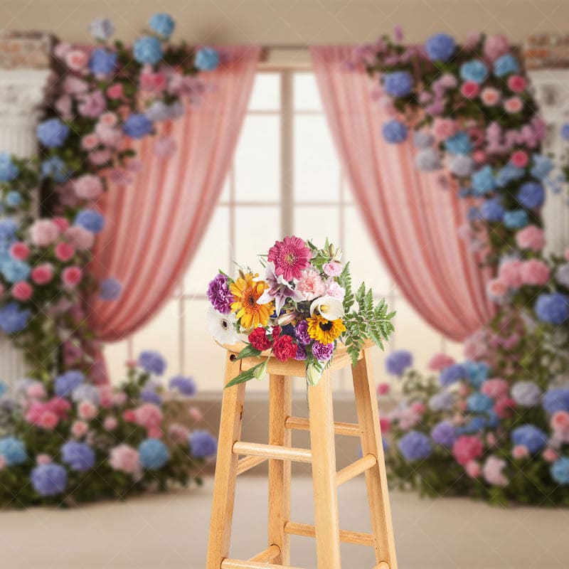 Aperturee - Aperturee Bricks Wall Window Colorful Floral Wedding Backdrop