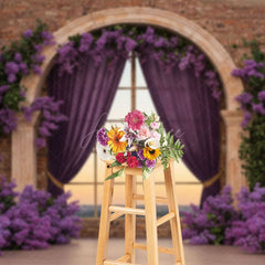 Aperturee - Aperturee Bricks Wall Window Purple Floral Wedding Backdrop