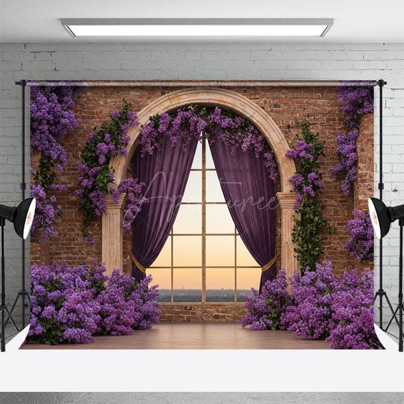 Aperturee - Aperturee Bricks Wall Window Purple Floral Wedding Backdrop