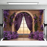 Aperturee - Aperturee Bricks Wall Window Purple Floral Wedding Backdrop
