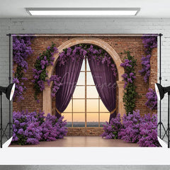 Aperturee - Aperturee Bricks Wall Window Purple Floral Wedding Backdrop