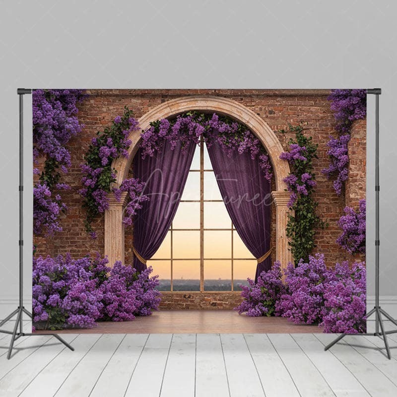 Aperturee - Aperturee Bricks Wall Window Purple Floral Wedding Backdrop