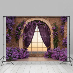 Aperturee - Aperturee Bricks Wall Window Purple Floral Wedding Backdrop