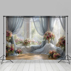 Aperturee - Aperturee Bright and Airy Ballroom Photography Backdrop Sheer Drapes with Pink Floral Romantic Wedding Background