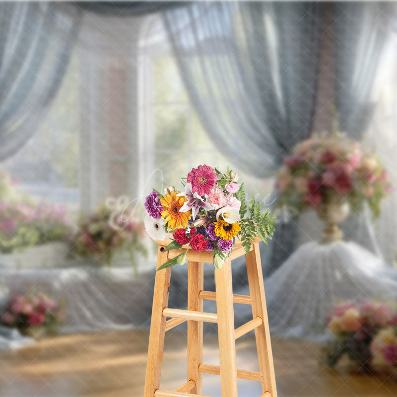 Aperturee - Aperturee Bright and Airy Ballroom Photography Backdrop Sheer Drapes with Pink Floral Romantic Wedding Background