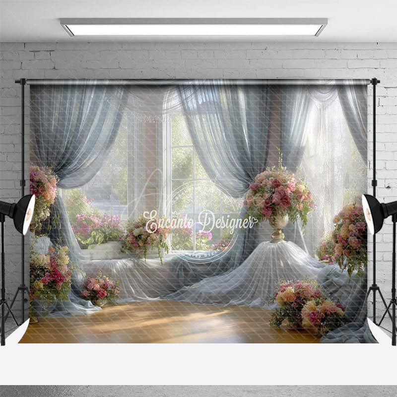 Aperturee - Aperturee Bright and Airy Ballroom Photography Backdrop Sheer Drapes with Pink Floral Romantic Wedding Background