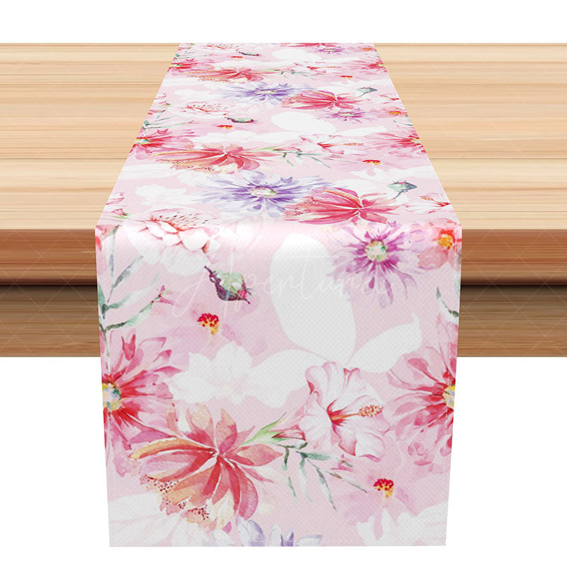 Aperturee - Aperturee Bright and Sweet Spring Floral Table Runner in Pink and Purple Vibrant Wildflower Design for Kitchen Decor