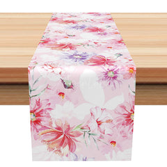 Aperturee - Aperturee Bright and Sweet Spring Floral Table Runner in Pink and Purple Vibrant Wildflower Design for Kitchen Decor