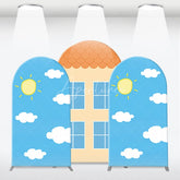 Aperturee - Aperturee Bright Cartoon House and Blue Sky with Clouds Arch Backdrop Kit Playful Sun and Windows Design for Kids’ Party