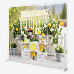 Aperturee - Aperturee Bright Yellow and White Striped Lemonade Stand Square Double-Sided Backdrop Fresh Summer Market Decor