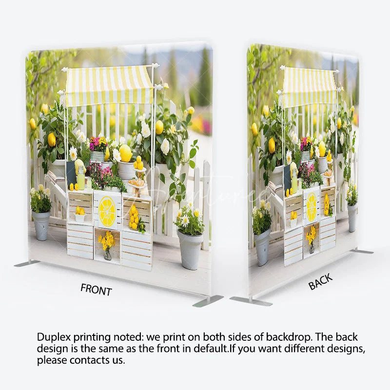 Aperturee - Aperturee Bright Yellow and White Striped Lemonade Stand Square Double-Sided Backdrop Fresh Summer Market Decor