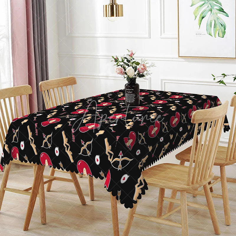 Aperturee - Aperturee Broken Heart Bandage Rectangle Tablecloth Black Anti Valentine Pattern Funny Breakup Party Dining Decor