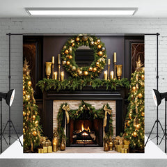 Aperturee - Aperturee Brown Beige Retro Fireplace Christmas Vibe Backdrop