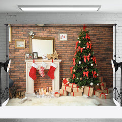 Aperturee - Aperturee Brown Bricks Wall Xmas Tree Merry Christmas Backdrop