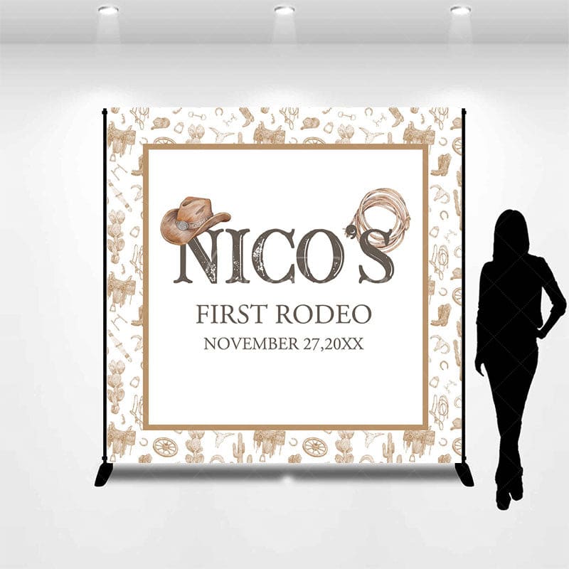Aperturee - Aperturee Brown Cowboy First Rodeo Custom Name Birthday Backdrop