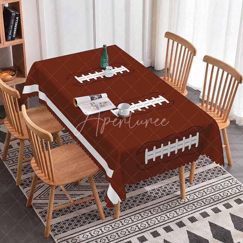 Aperturee - Aperturee Brown Football Lacing Rectangle Tablecloth with Scalloped Edge Sports Game Day Party Decor for Fans