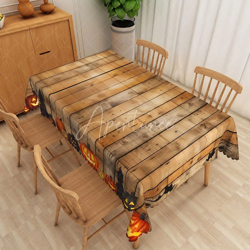 Aperturee - Aperturee Brown Halloween Rectangle Tablecloth with Jack O’ Lantern Pattern for Rustic and Spooky Farmhouse Decor