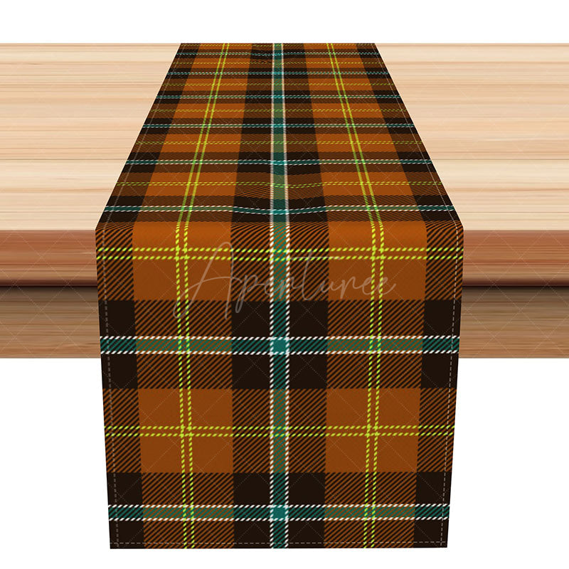Aperturee - Aperturee Brown Plaid Autumn Vibe Table Runner Rustic Farmhouse Dining Decor Thanksgiving and Fall Harvest Kitchen Linen