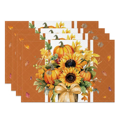 Aperturee - Aperturee Brown Pumpkin and Sunflower with Bow Set of 4 Placemats for Rustic Autumn and Thanksgiving Decor