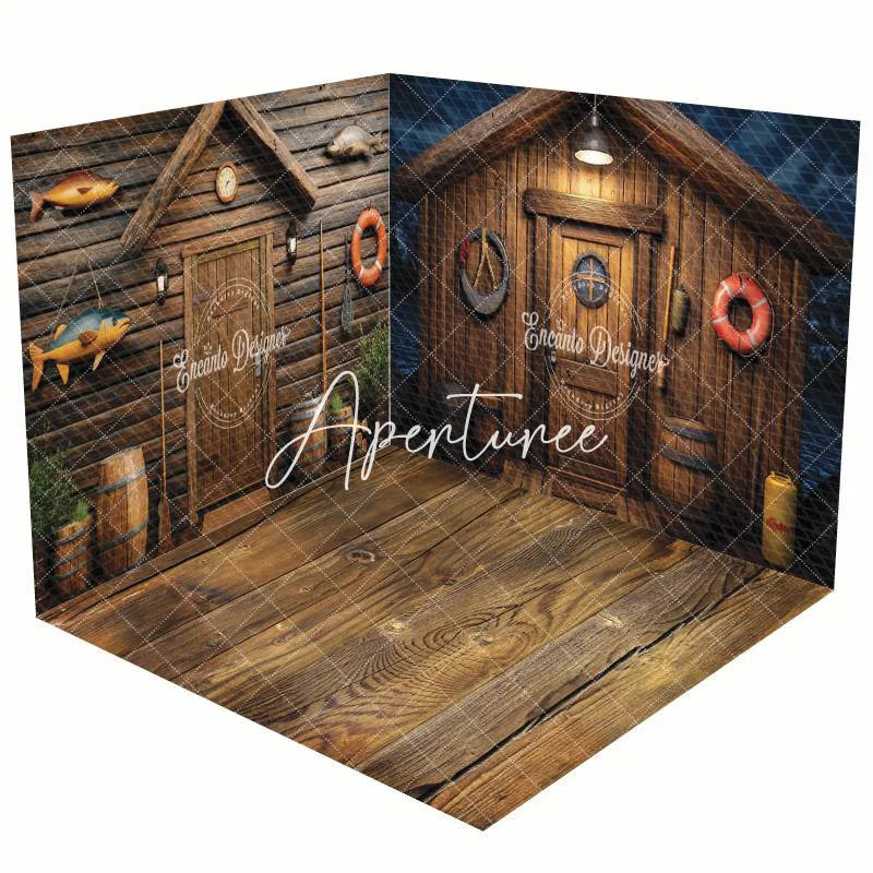 Aperturee - Aperturee Brown Retro Wooden Fishing Cabin Room Set Backdrop