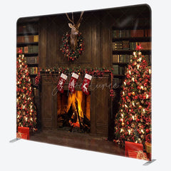 Aperturee - Aperturee Brown Vintage Bookshelf Christmas Fireplace Backdrop
