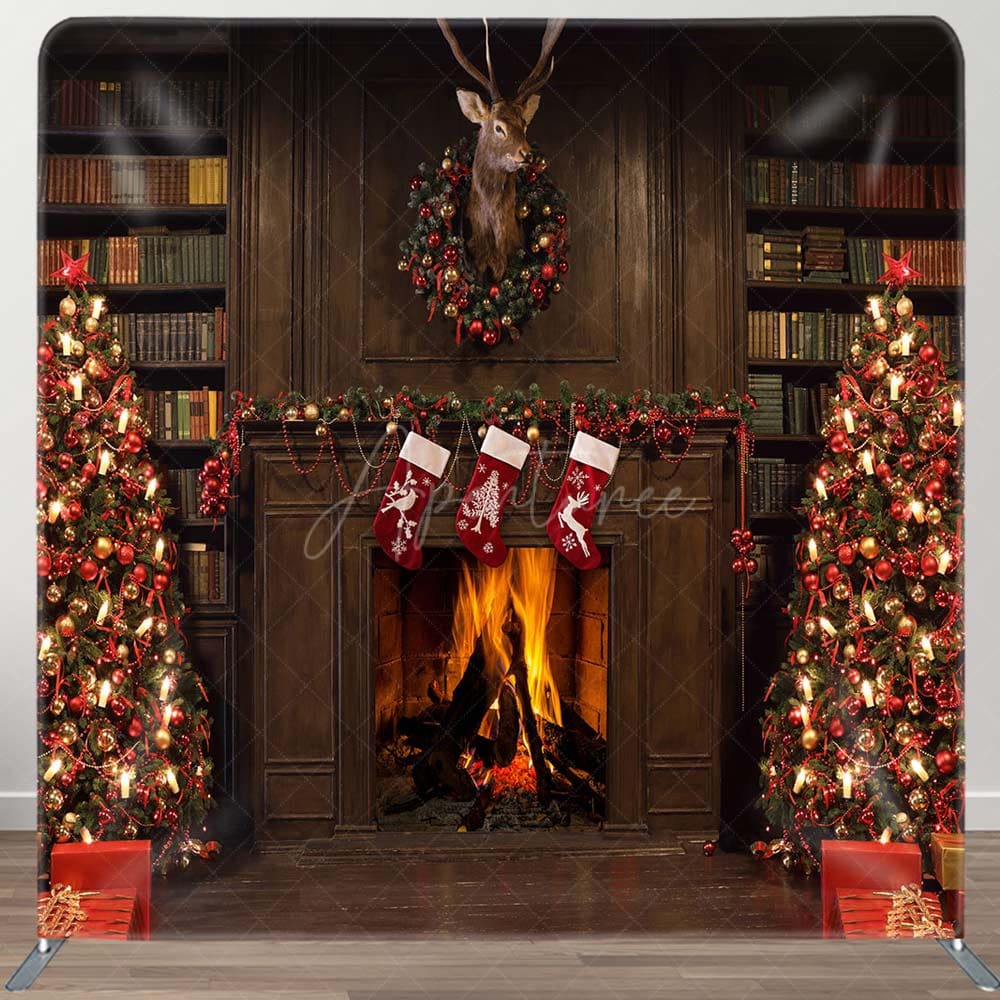 Aperturee - Aperturee Brown Vintage Bookshelf Christmas Fireplace Backdrop