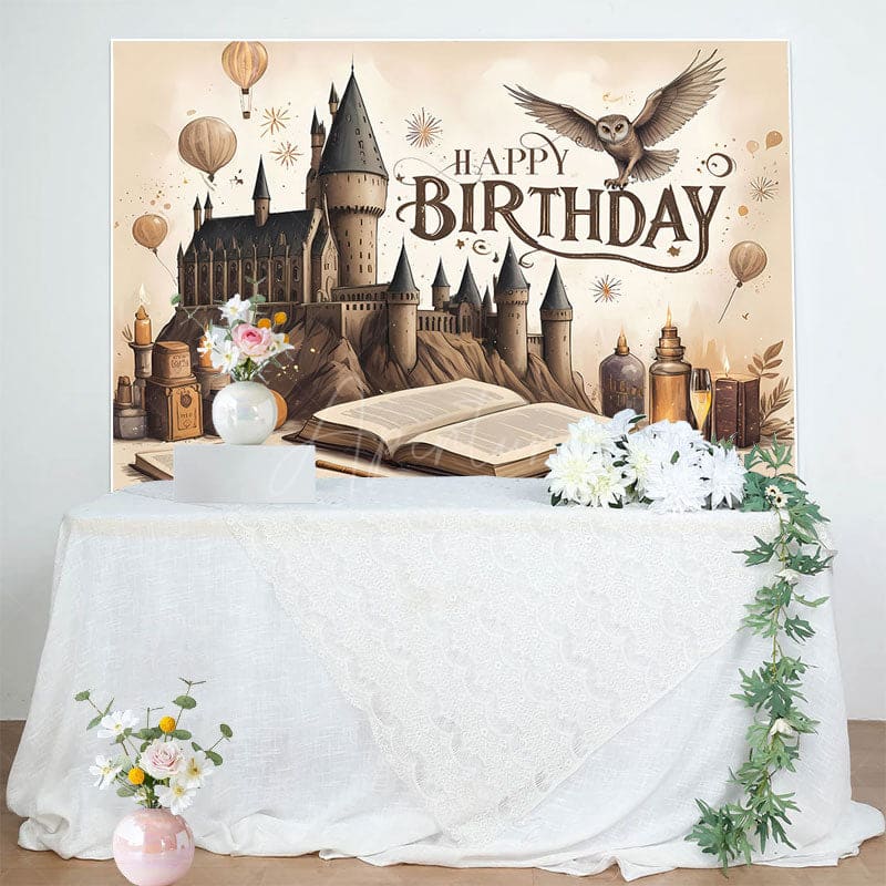 Aperturee - Aperturee Brown Wizard Castle Magic Book Happy Birthday Backdrop
