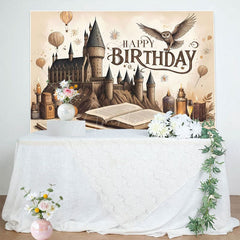 Aperturee - Aperturee Brown Wizard Castle Magic Book Happy Birthday Backdrop