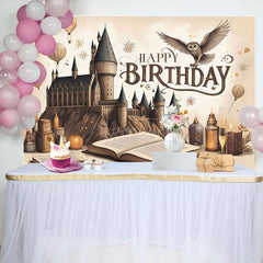 Aperturee - Aperturee Brown Wizard Castle Magic Book Happy Birthday Backdrop