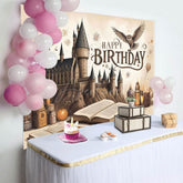 Aperturee - Aperturee Brown Wizard Castle Magic Book Happy Birthday Backdrop