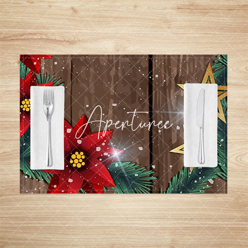 Aperturee - Aperturee Brown Wood Star Poinsettia Xmas Set Of 4 Placemats