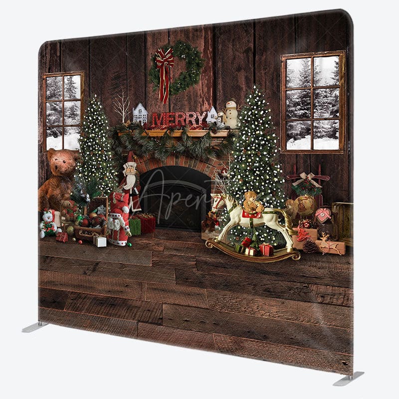 Aperturee - Aperturee Brown Wooden Wall Fireplace Christmas Square Backdrop