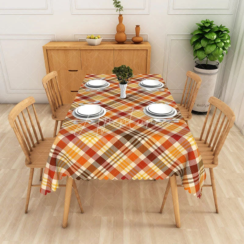 Aperturee - Aperturee Brown Yellow and Black Checkered Rectangle Tablecloth for Fall Autumn and Thanksgiving Decor