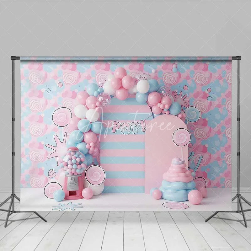 Aperturee - Aperturee Bubblegum and Candy Photography Backdrop Pink and Blue Lollipops Party Banner