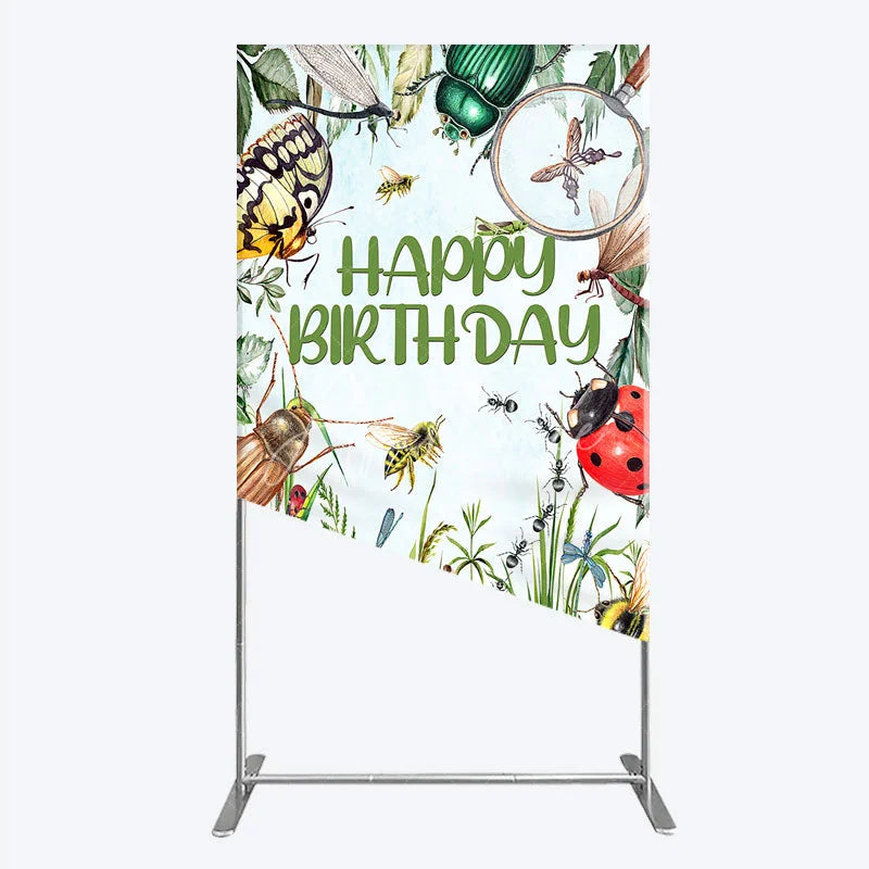 Aperturee - Aperturee Bug Themed Happy Birthday Rectangle Backdrop Insect Explorer with Magnifying Glass Kids Garden Party Decor