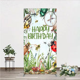 Aperturee - Aperturee Bug Themed Happy Birthday Rectangle Backdrop Insect Explorer with Magnifying Glass Kids Garden Party Decor