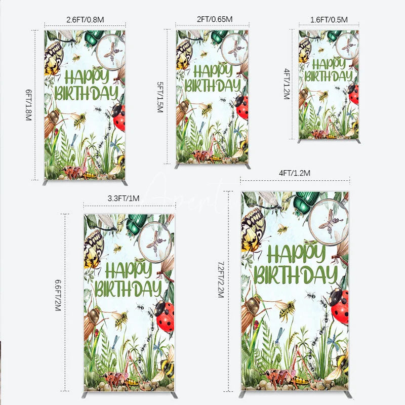 Aperturee - Aperturee Bug Themed Happy Birthday Rectangle Backdrop Insect Explorer with Magnifying Glass Kids Garden Party Decor