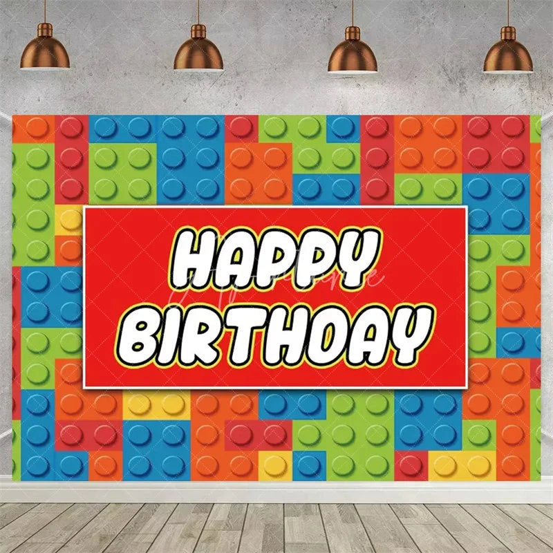 Aperturee - Aperturee Building Blocks Happy Birthday Backdrop Colorful Bricks Print for Kids Party Construction Toy Photo Booth Decor