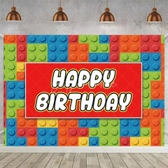 Aperturee - Aperturee Building Blocks Happy Birthday Backdrop Colorful Bricks Print for Kids Party Construction Toy Photo Booth Decor